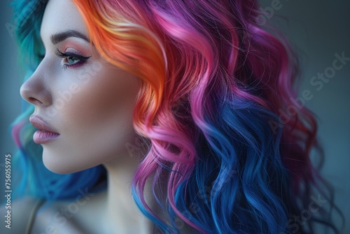 A woman with vibrant multicolored hair gazes out a window, lost in thought.