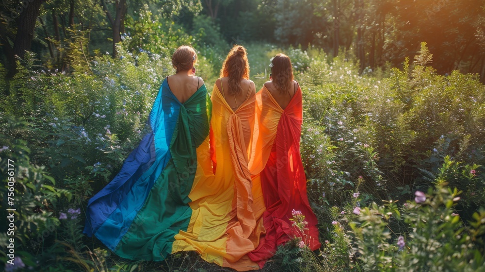 Three girlfriends wrapped themselves in an LGBT flag. View from a drone.