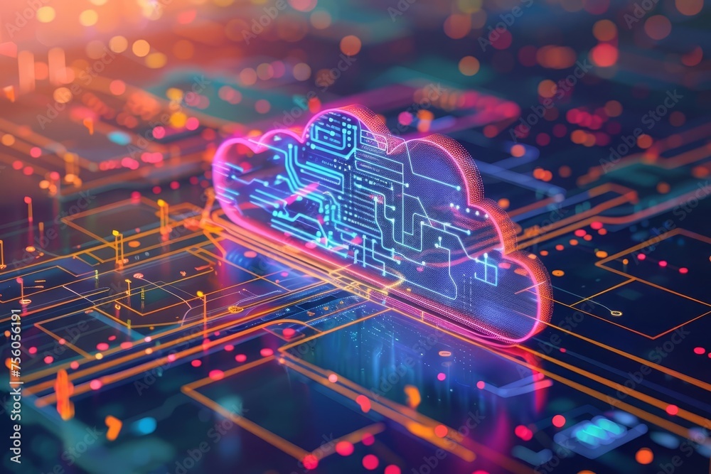 Cloud computing concept art Depicting the futuristic essence of data storage and sharing in the digital realm Cloud computing concept art Depicting the futuristic essence of data storage and sharing in the digital realm