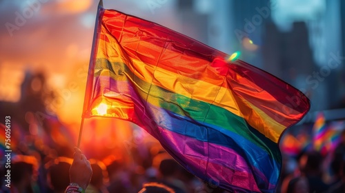 A diverse group of people proudly hold a rainbow flag together.