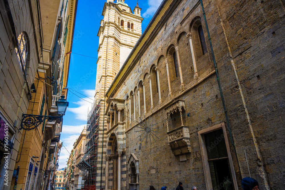 Medieval Stone Architecture and Bell Tower in Genoa's Historic Alley