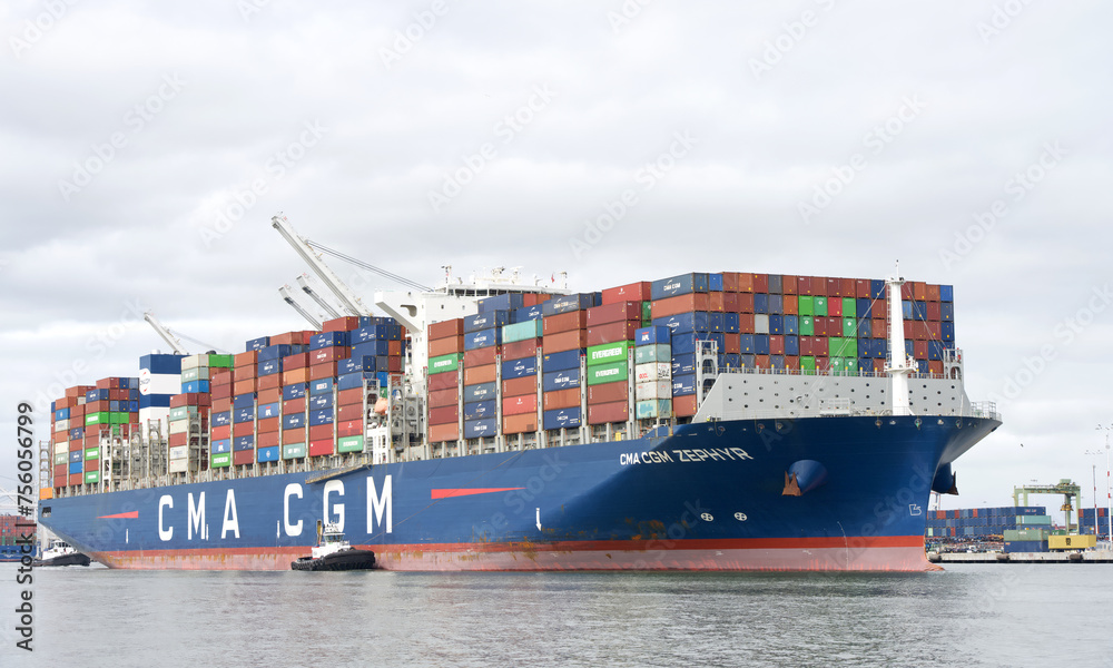 Oakland, CA - March 9, 2024: Cargo Ship CMA CGM ZEPHYR entering the ...