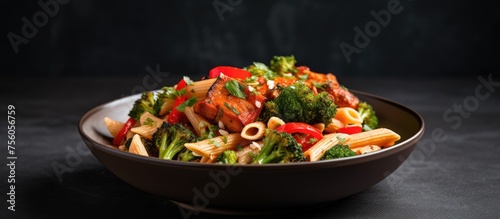 A delicious dish of pasta with broccoli and tomatoes, a perfect combination of ingredients from the plant kingdom, served on a table