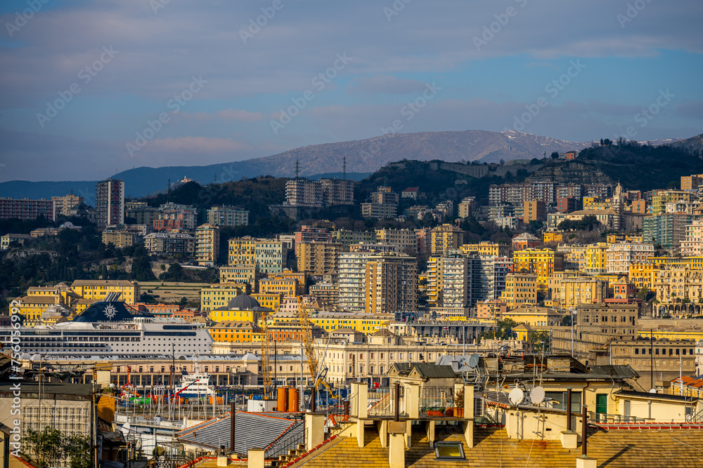 Winter Morning View of Genoa with Snow-Capped Mountains in the Background