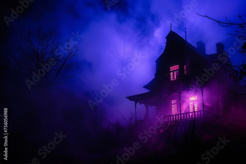 Haunted house silhouette with eerie lighting and foggy atmosphere on halloween night