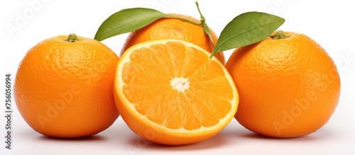 Three clementines, a seedless citrus fruit, with leaves are displayed on a white surface. They are natural foods and a common ingredient in various dishes