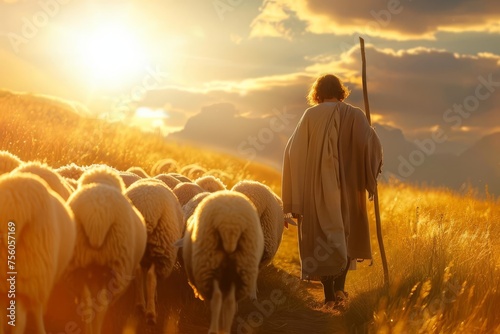 Jesus christ as a shepherd leading sheep in a field Under bright sunlight Symbolizing guidance Protection And spiritual leadership in christianity photo