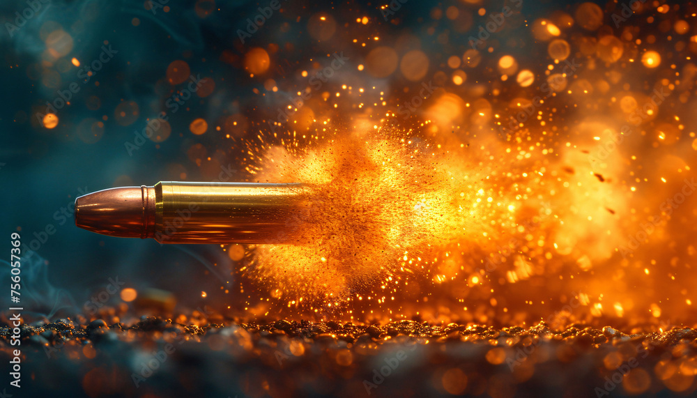 Bullet in Explosion, Glowing Sparks Fly - obrazy, fototapety, plakaty 