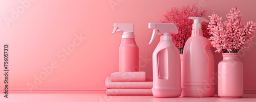 Cleaning set for different surfaces in kitchen, bathroom and other rooms. Basket with cleaning items on pink background. Spring cleaning. Cleaning service concept with copy space photo
