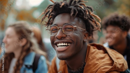 A smiling young man with dreadlocks and glasses. Generative AI.