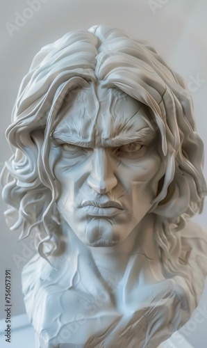 A bust of an anrgy man with long hair and a beard. Generative AI.
