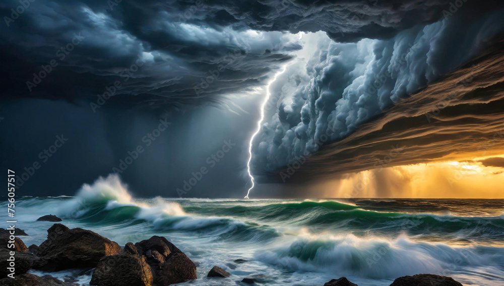 Krajobraz morski, burza i sztorm. Dramatyczne  burzowe chmury, piorun - obrazy, fototapety, plakaty 
