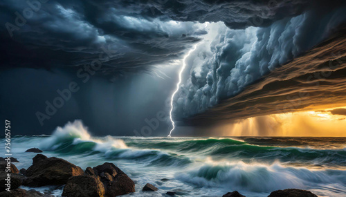 Krajobraz morski, burza i sztorm. Dramatyczne burzowe chmury, piorun