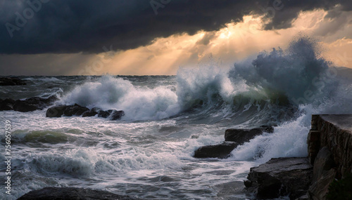 Krajobraz morski  burza i sztorm. Dramatyczne  burzowe chmury