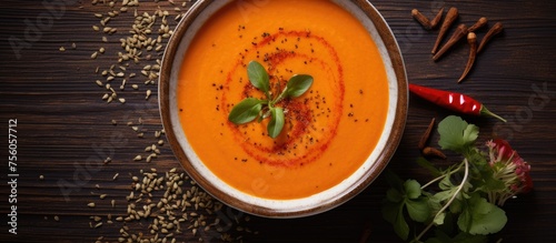 A bowl of tomato soup, a classic dish in cuisine, is placed on a wooden table. Tomato soup is a popular recipe made with tomatoes as the main ingredient