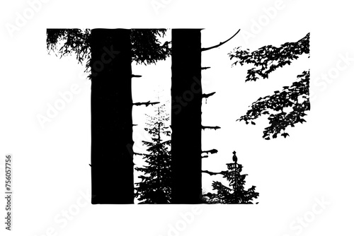 Two tree trunks with branches as a silhouette, graphic nature photo as a vector graphic, copy space, black and white