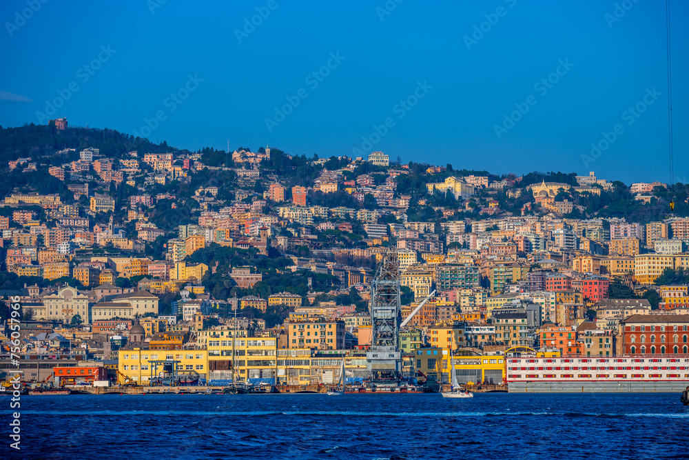 Golden Hour Over Genoa Port with Iconic Bigo Crane, Italy