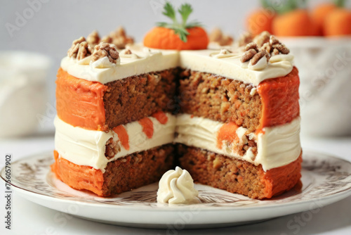 Close up of delicious multiple layered carrot cake with cream cheese frosting decorated with sprinkled nuts and placed on white plate and isolated on white background