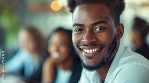 Confident young professional African American young business man enjoying team meeting at work, bright smile, beautiful teeth