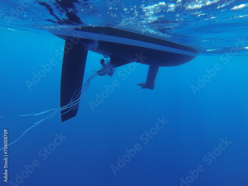 Ropes thrown into the sea are wound on the propeller of a sailing yacht.