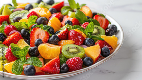 Close up of fruit salad made with mango  kiwis  blueberries  raspberries  strawberries and chia seed on white plate  light background.