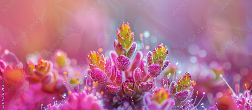 A closeup of a magenta flower, with water drops on its petals. The flower belongs to a terrestrial plant, a herbaceous plant, and a flowering plant A closeup of a magenta flower, with water drops on its petals. The flower belongs to a terrestrial plant, a herbaceous plant, and a flowering plant