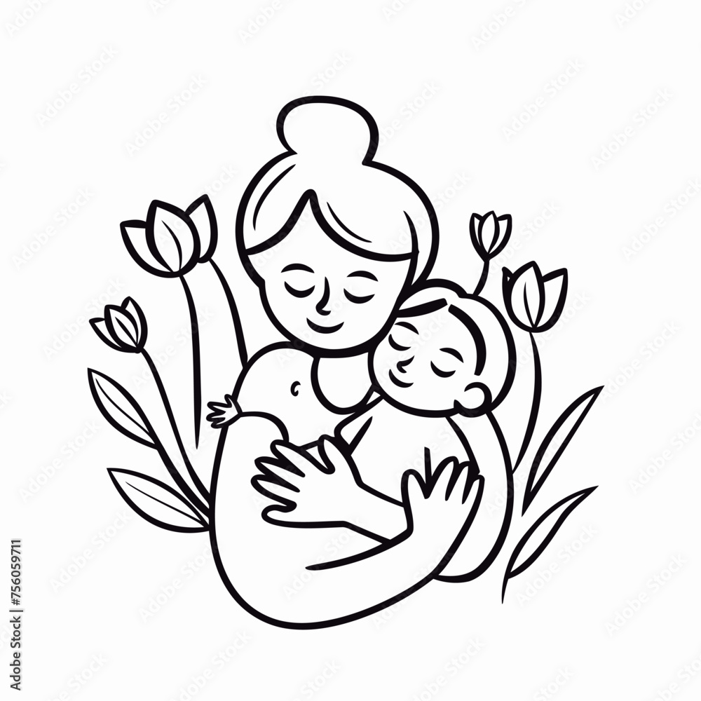 Hand drawn line art of mother and kid in flowers background Hand drawn line art of mother and kid in flowers background