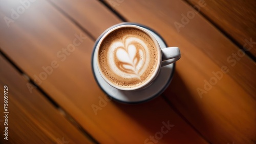 coffee mug with foam with a heart pattern on a brown wooden background, the concept of rest and relaxation time