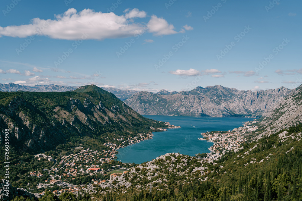 Bay of Kotor in the valley among the mountain range. Montenegro. Drone