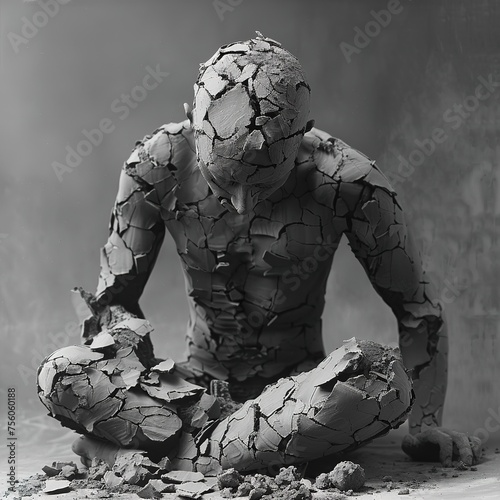 Cracked human figure made of broken mud or clay. Depressed mood, defeated, emotional problems, depressive disorder. Episodes of deep sadness, feelings of hopelessness and helplessness. photo