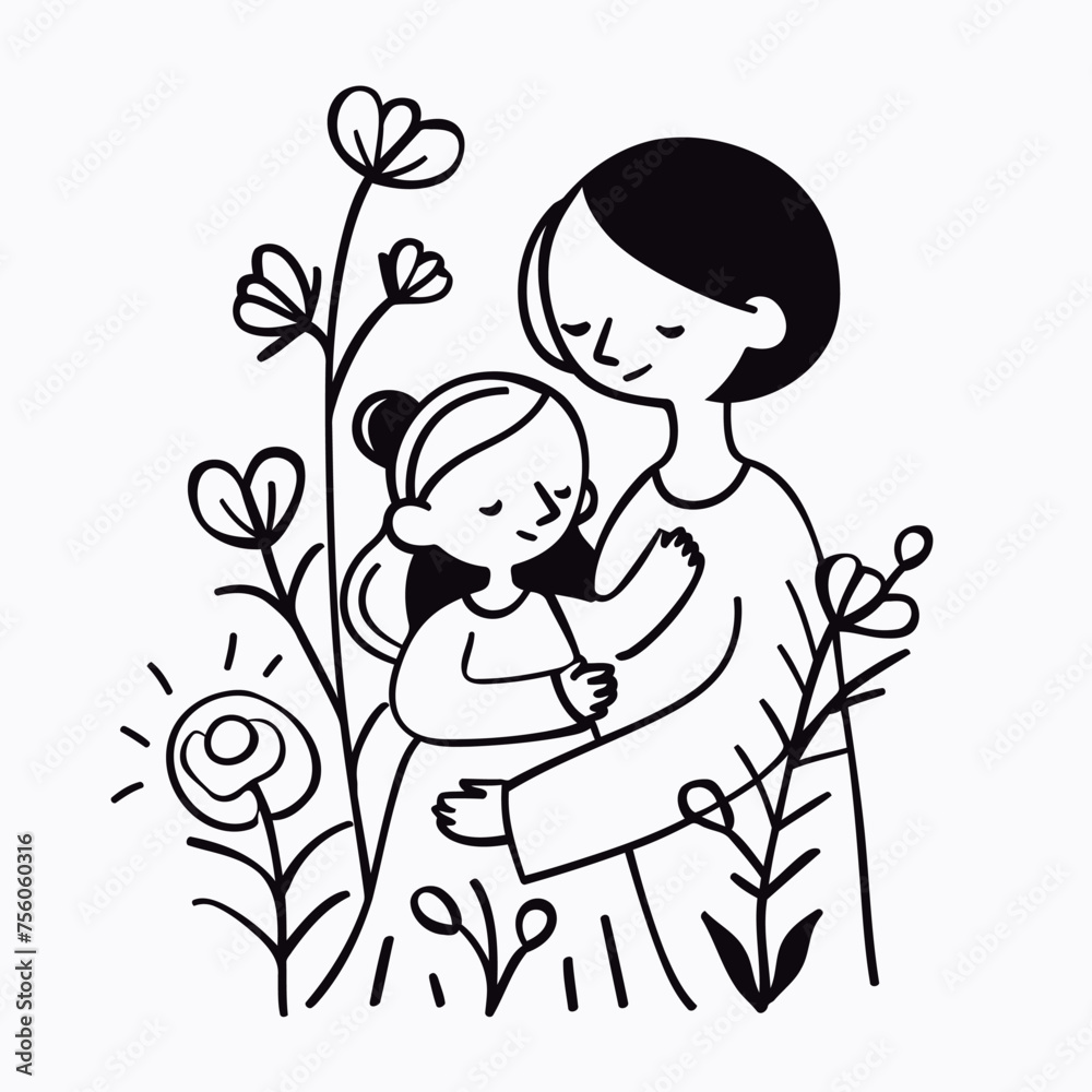 Hand drawn line art of mother and kid in flowers background Hand drawn line art of mother and kid in flowers background