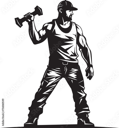 Blueprint Basher Hammer Wielding Worker Emblem Hard Hat Hero Construction Worker Vector Symbol photo