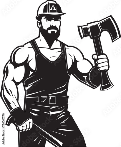 Hard Hat Hammerer Construction Worker Vector Symbol Blueprint Bash Hammer Wielding Worker Logo Emblem