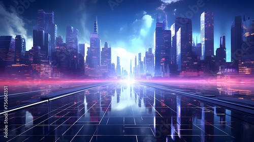 Cyber Metropolis: Abstract Futuristic Cityscape with Neon-Lit Skyscrapers, Digital Circuitry, and Modern Tech Vibes in Deep Purples and Cyberpunk Blues