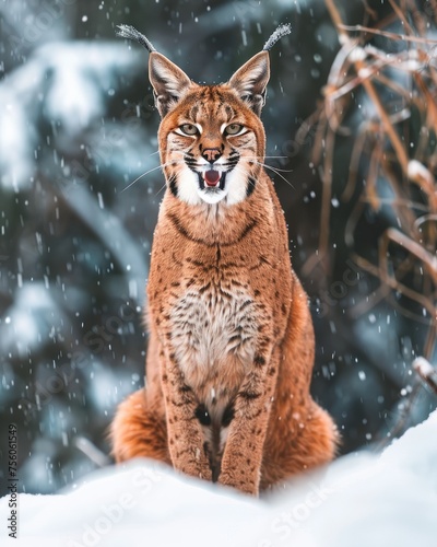 Impressive lynx feline big cat in the snow illustration made with Generative AI 