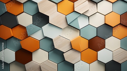 Harmony in Tiles: Abstract Geometric Mosaic with Hexagonal and Square Tiles, Pastel Palette for Calming Elegance in Design Projects