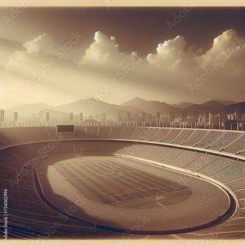 Hazy View of a Deserted Monochrome Sports Team Stadium Arena Playing Ground Playground with with Lighting Towers, Mountains & City in Backgournd on Cloudy Overcast Sky Day. Racetrack,Track. Football. photo