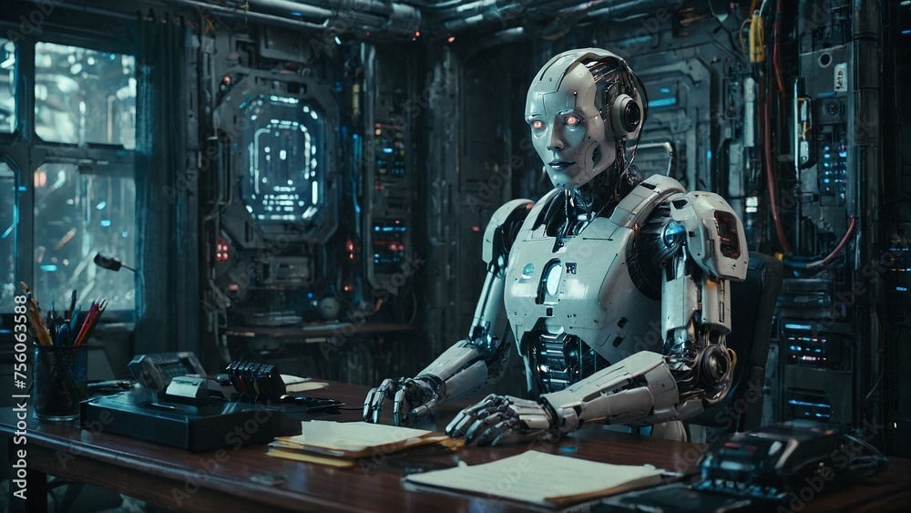 A robot is sitting at a table working on gadgets