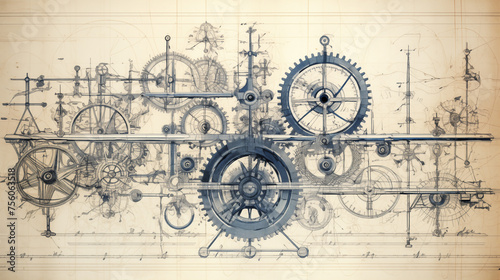 Vintage Mechanical Engineering Blueprint of Gears