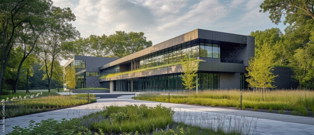 Obraz premium A modern house surrounded by trees and grass in the middle of a park. Generative AI.