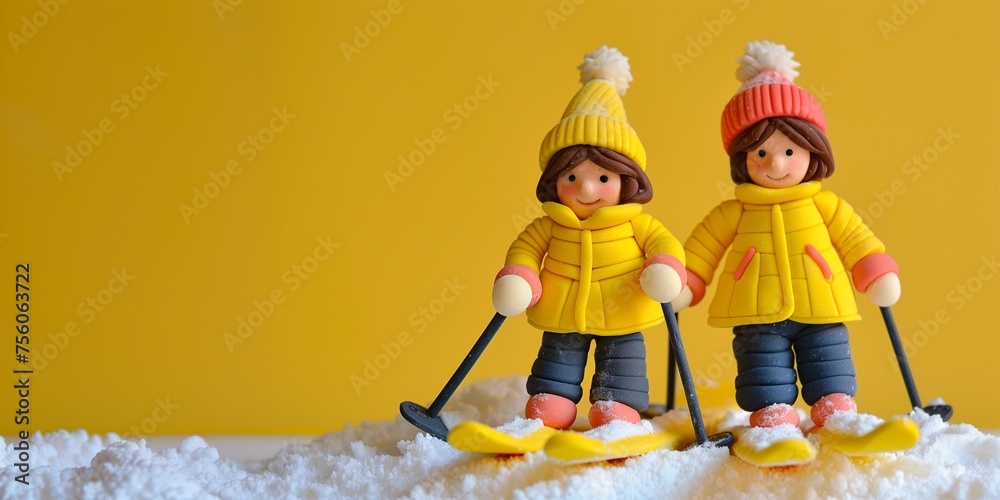 Yellow horizontal banner with two characters made of plasticine, modelling clay fun figures skiing, smiling women, mother and daughter or sisters skiing on the snow, happy active sports atmosphere