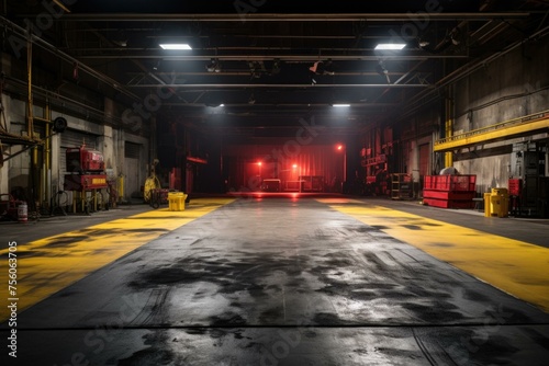 A large industrial warehouse with yellow and red lights on the floor. Generative AI.