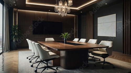 Visualize a modern  well-designed meeting room with an empty  inviting ambiance  showcasing sleek interior and workspace simplicity.