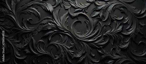 A close up of a monochrome black floral pattern on a wall, creating a striking contrast against the grey background. The intricate details resemble a piece of art in still life photography