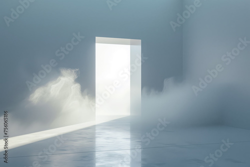 White door in abstract space. White door in anm unreal  abstract space with volumetric light and fog.
