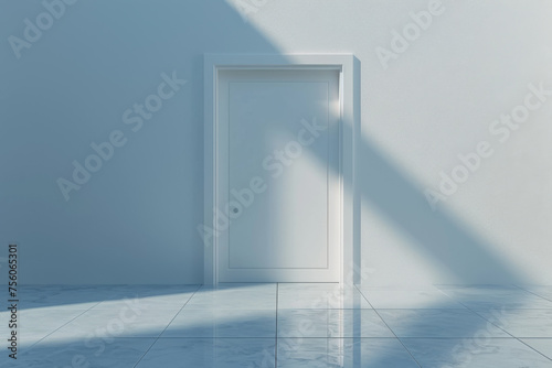 White door in abstract space. White door in anm unreal  abstract space with volumetric light and fog.