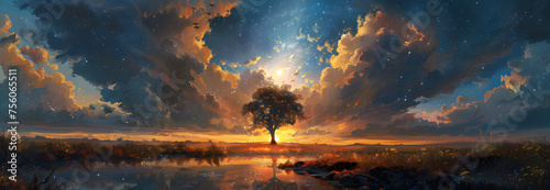 sunset in the clouds and tree AI generated 