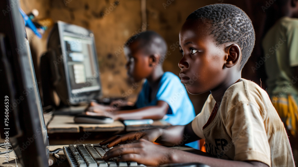 Digital divide in education - boy using a computer - obrazy, fototapety, plakaty 