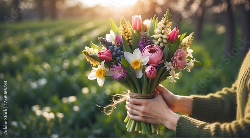 hand holding bunch of spring flowers outdoors. Beautiful bouquet with tulips, hyacinths, daffodils in female hands on blurred green background