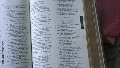 Psalm 23 of the Holy Bible. Close up and panning view of the text.
